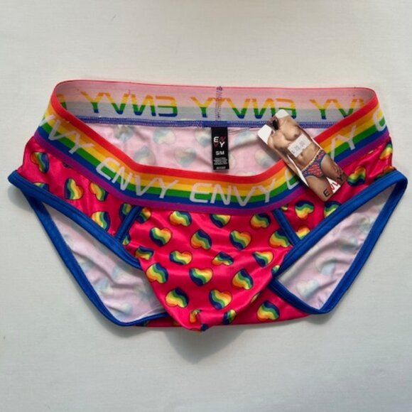 ENVY Size "S/M" Rainbow Hearts PRIDE Briefs - Fuchsia/Blue/PRIDE Colors - Picture 2 of 7